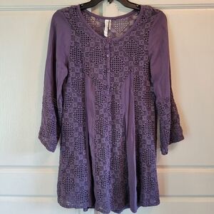 Monoreno Purple Sheer Crochet Long Sleeve Flowy Tunic Mini Dress